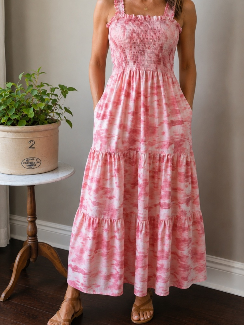 MEXX Peachy Pink Smocked Maxi Dress | Tiered Skirt | Pockets | Cottagecore Boho